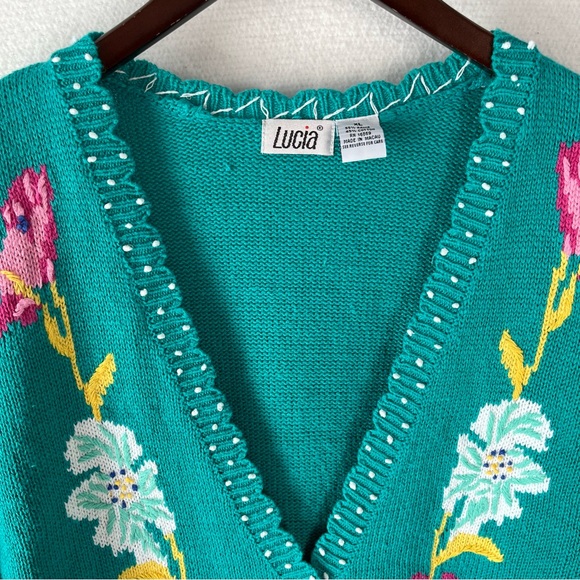 Vintage Sweater XL Lucia Cardigan Teal Green Knit Embroidered Floral Scalloped - Picture 4 of 16